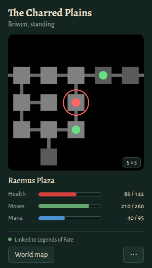 The companion's window: the area's name, a five by five map of the rooms around you with you marked in red, the room's name, and bars for health, moves and mana.