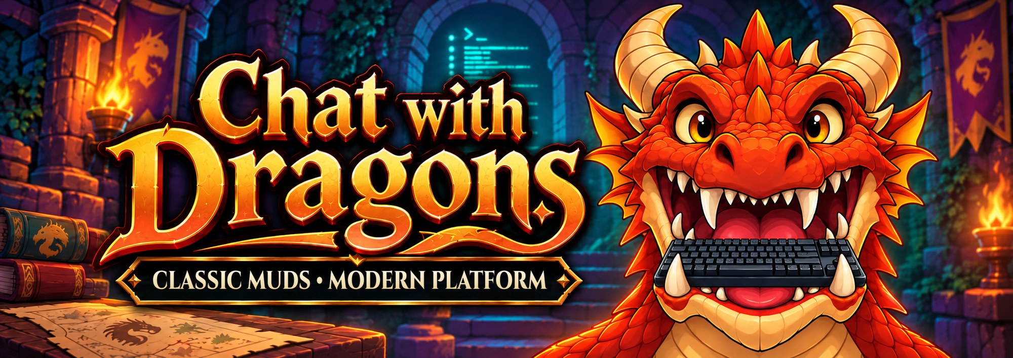 Chat with Dragons: Classic MUDs, Modern Platform. A red dragon holds a keyboard in a torchlit dungeon beside a glowing terminal.
